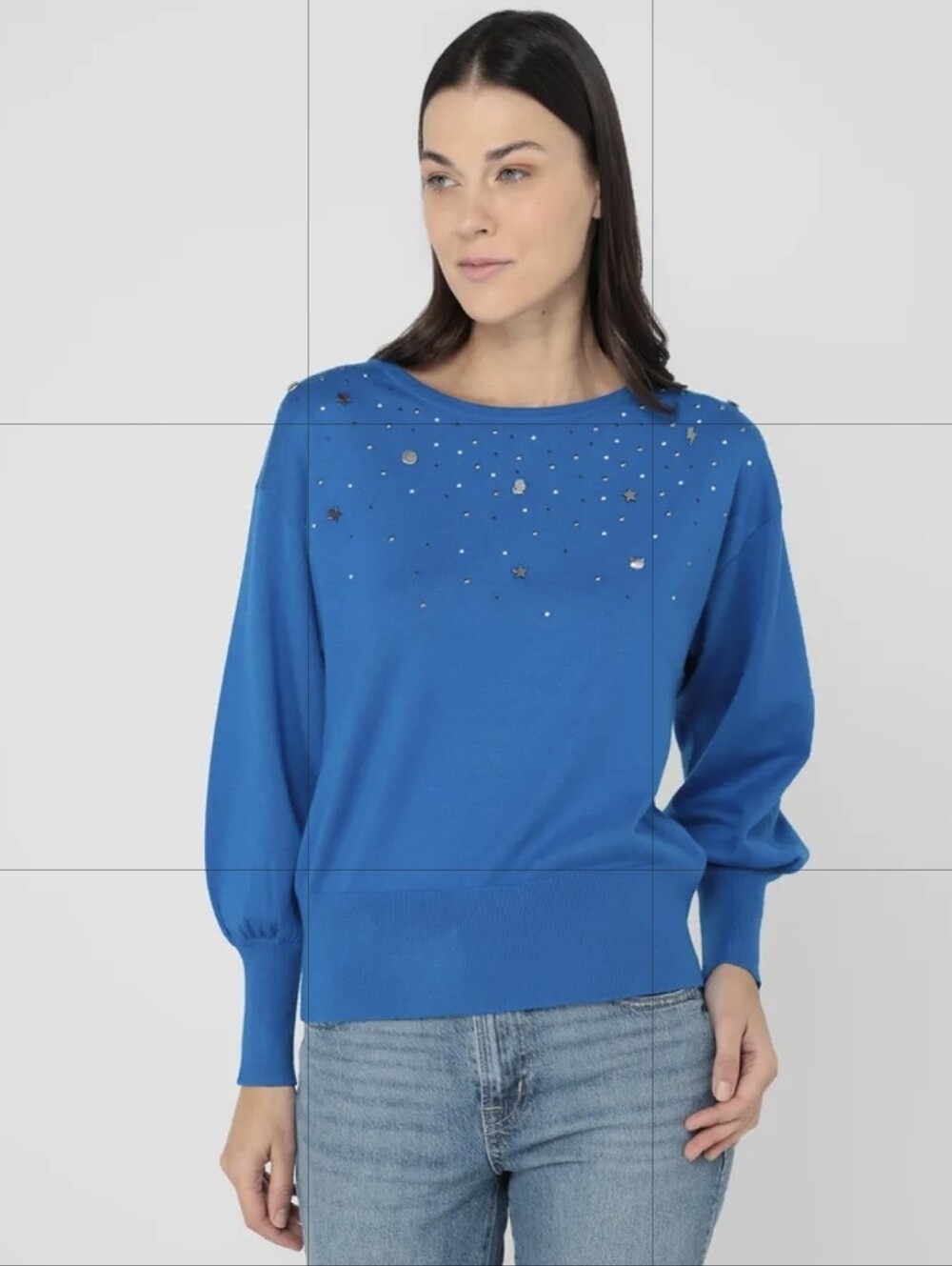 KARL LAGERFELD PARIS Hardware Embellished Balloon Sleeve blue Sweater(S)